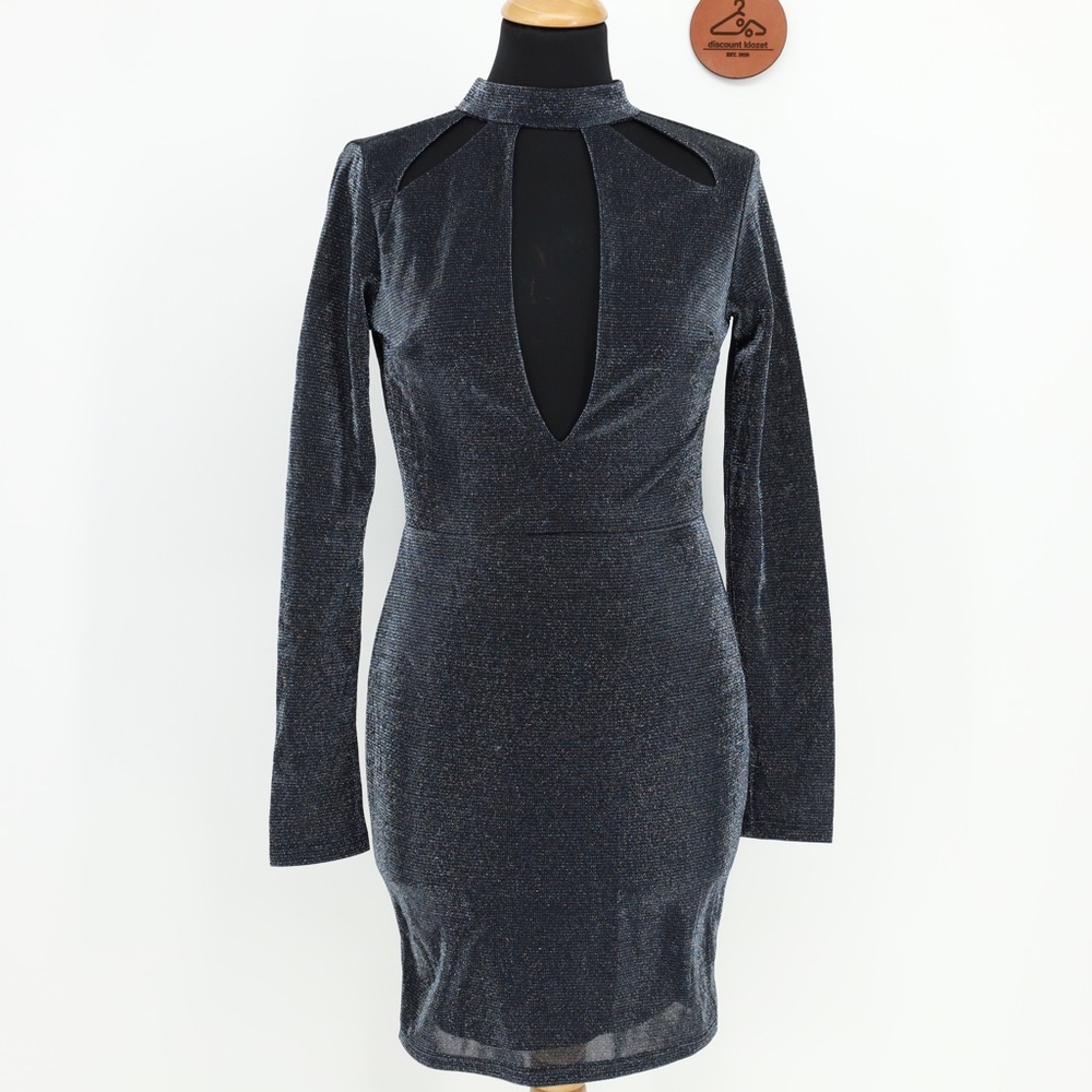 Charlotte Russe Black Metallic Cutout Mock Neck Long Sleeve Mini Dress Small NWT